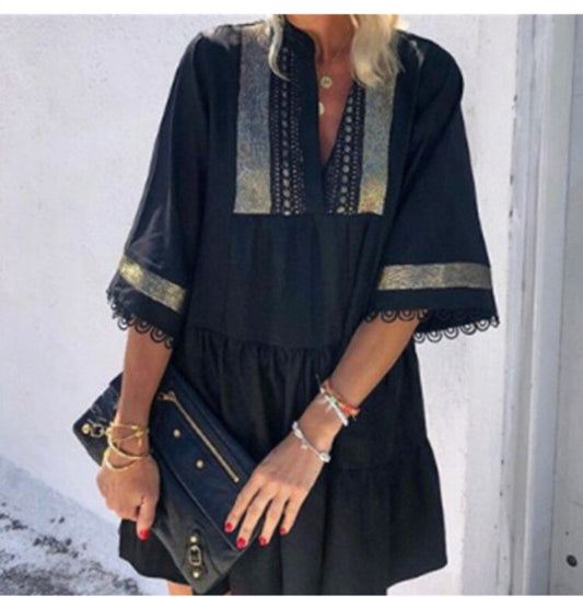 Fashion Tassel Sleeve Women Dress V Neck Lady Patchwork Dress Loose Casual Empire Knee Length Tassel Sleeve Dress