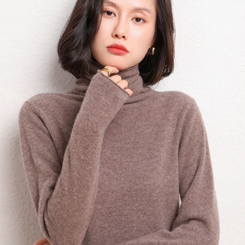 100% Pure Wool Cashmere Sweater Fall/Winter Pile Collar Pullover Korean Fashion Casual Knitted Tops Women Jacket Long Sleeve