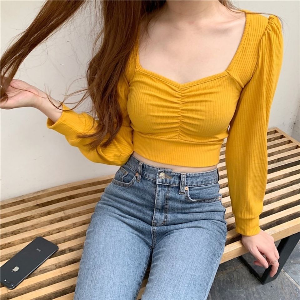 Korean Fashion Knitted Crop top T Shirt Streetwear Vintage Top Women Puff sleeve Basic Tshirt Skinny Sexy Clothes