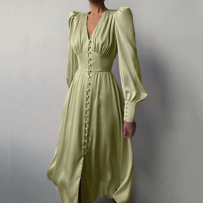 Sixsr Elegant spring satin bishop sleeve a-line dress women V-neck high waist button dress solid Vintage long dresses chic