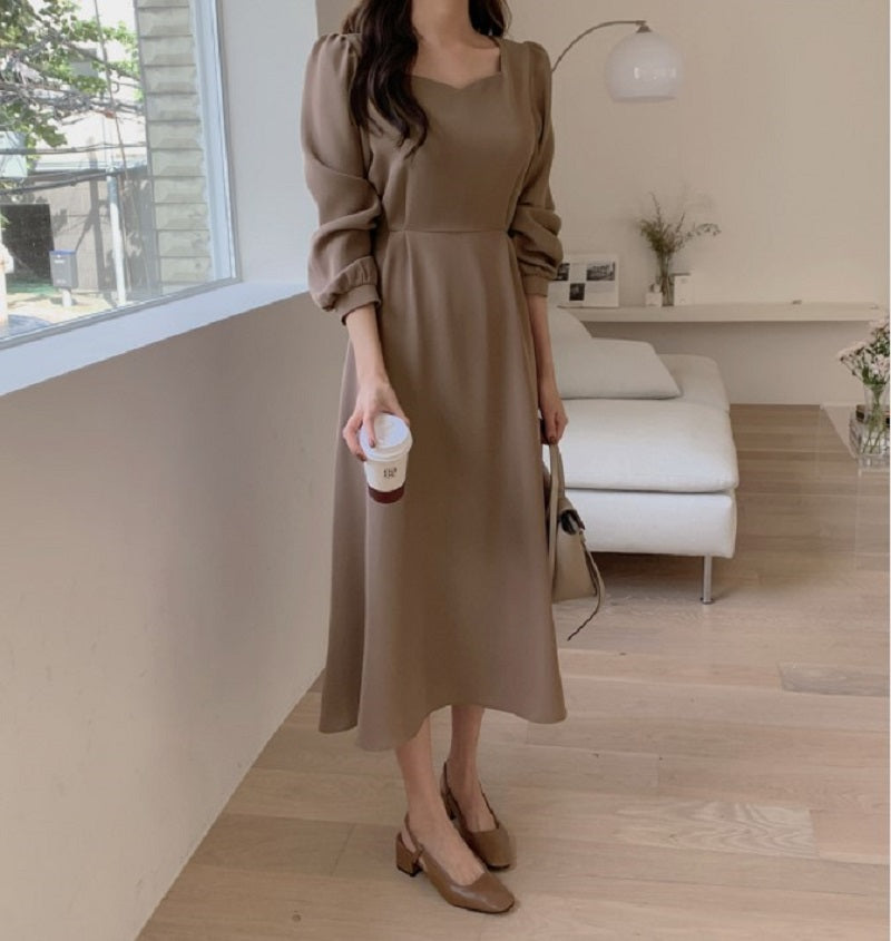 Sixsr Chic Korean Fashion Women Temperament Office Lady Elegant Work Basic Wear Solid Vintage Long Dress Fenimine Vestidos N502