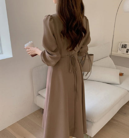 Sixsr Chic Korean Fashion Women Temperament Office Lady Elegant Work Basic Wear Solid Vintage Long Dress Fenimine Vestidos N502