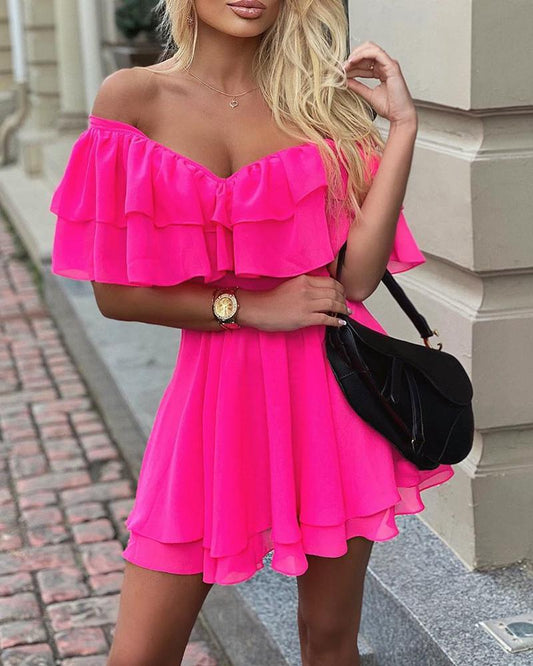 Sixsr Elegant Off Shoulder Ruffle Fit Flare Dress Women Solid Casual Dress Summer Dress Mini Elegant Dress