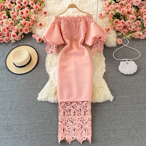 Sixsr Sexy Hollow Out Lace Bodycon Long Dress Women Elegant Red/Pink/White Off Shoulder Patchwork Maxi Party Vestidos Autumn New