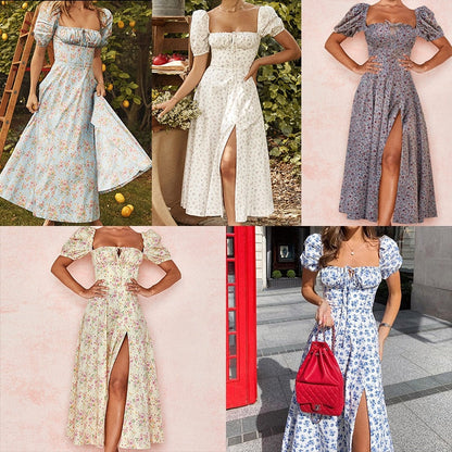 Sixsr Summer Women's Wear, Bohemian Style Bubble Sleeve Floral Split Long Dress, High Waist Sexy Party Elegant Bandage Dress