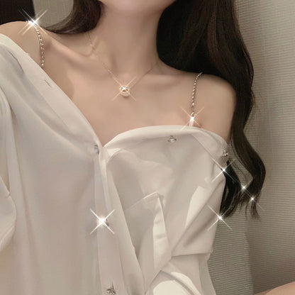 Sexy Off shoulder Top Women Button up White Shirt Long sleeve Chiffon Blouse With Chain Ladies Office Casual