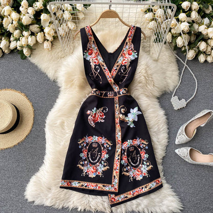 Sixsr Spring Autumn Elegant 2 Piece Set Overalls Dress Women Bow Collar White Shirt Top+ Irregular Flower Print V-Neck Vest Dress