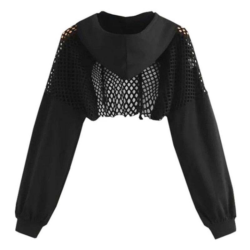 Sixsr Black Hoodies for Women  Hollow Out Crop Tops Mesh Patchwork Short Sweatshirt Long Sleeve Autumn Tops and Pullovers