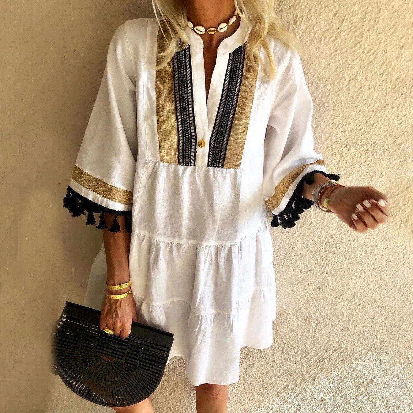 Fashion Tassel Sleeve Women Dress V Neck Lady Patchwork Dress Loose Casual Empire Knee Length Tassel Sleeve Dress