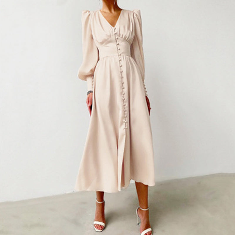 Sixsr Elegant spring satin bishop sleeve a-line dress women V-neck high waist button dress solid Vintage long dresses chic