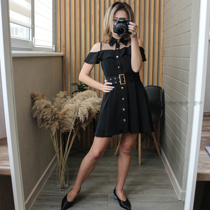 Sixsr Korean OL New Single Breasted Women Summer Dress Sweet Chic Black office work Short mini Dresses With Belt Vestidos jurken