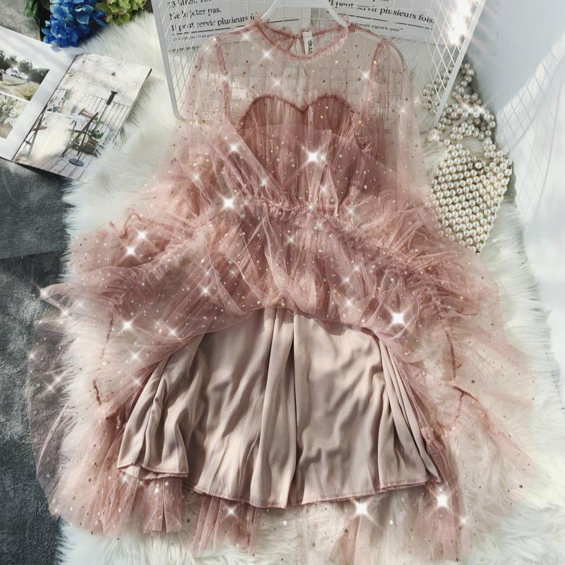 New Female O-neck Stars Sequined Mesh Shiny Fairy Dress Women Elegant Bling Gauze Princess Puff Dresses Vestidos De Fiesta