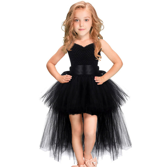 sixsr Black Girls Tutu Dress Tulle V-neck Train Girl Evening Birthday Party Dresses Kids Girl Ball Gown Dress Halloween Costume 1-14YY