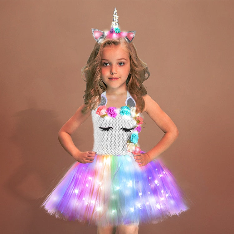 Sixsr Girls Shiny Unicorn TUT Dress Glowing Kids Unicorn Dresses For Girls Hallowmas Party Princess Dress Children Clothing vestidos