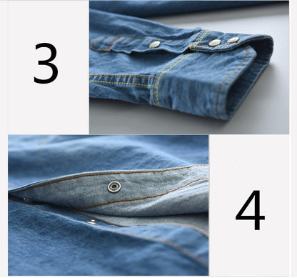 Men's long-sleeved solid denim shirt fashion brand Classic retro denim Pocket decoration Business shirt Spring and Autumn Tops