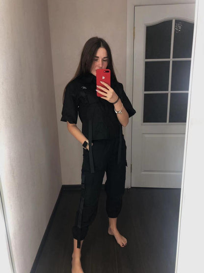 Autumn Streetwear Pants High-Waist Straight Ribbon Cargo Pants Student Loose Short-Sleeved Shirt with Tie two-piece Set