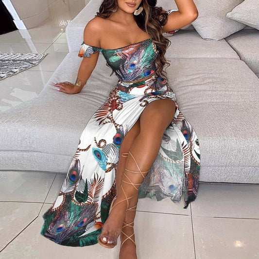 sixsr Off Shoulder Women Two Piece Set Sexy Slash Neck Top and Slit  Summer Long Party Dress Suits Spring Floral Print Skirts Sets