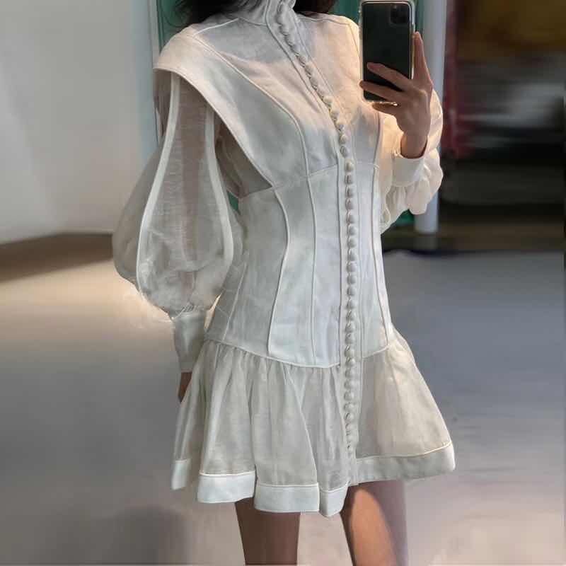 Sixsr High-end Custom Fashion runway Dresses Stereoscopic cut slender button with bubble sleeves ladies dress