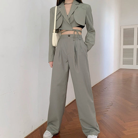 Sixsr Spring Outfits  Trends Korean Summer Two Piece Set Women Crop Top Sexy Lace-up Blazer Coat + High Waist Pants Suit Sets Autumn Streetwear 2 Piece Sets