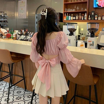 Sixsr Women Spring Fashion Back Puff Sleeve Shirts Women Autumn French Bow Bandage Blouses  New Black Pink Square Neck Cropped Tops Female