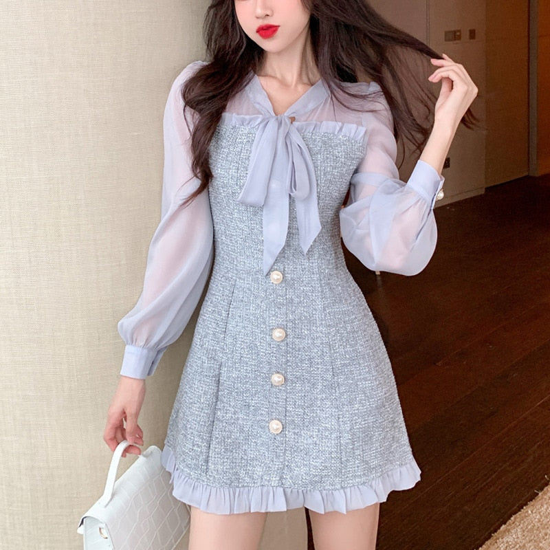 Sixsr New Spring Vintage Sexy See-through Chiffon Patchwork Tweed Mini Dress Women Ribbon Bow Single-breasted Long Sleeve Party Dress