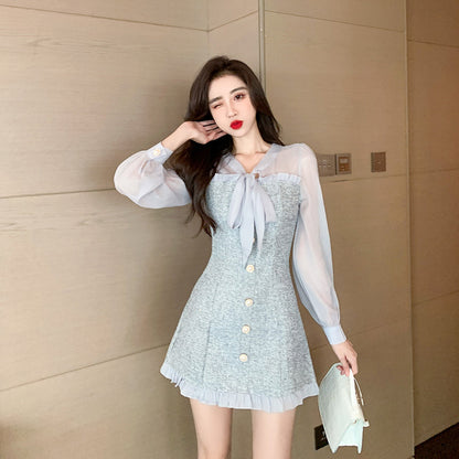 Sixsr New Spring Vintage Sexy See-through Chiffon Patchwork Tweed Mini Dress Women Ribbon Bow Single-breasted Long Sleeve Party Dress