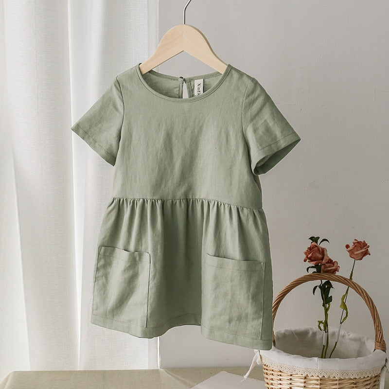 Sixsr Fashion Cotton Linen Summer Girl Dress Yellow Casual Short Sleeve Kids Holiday Dress With Pockets TZ20