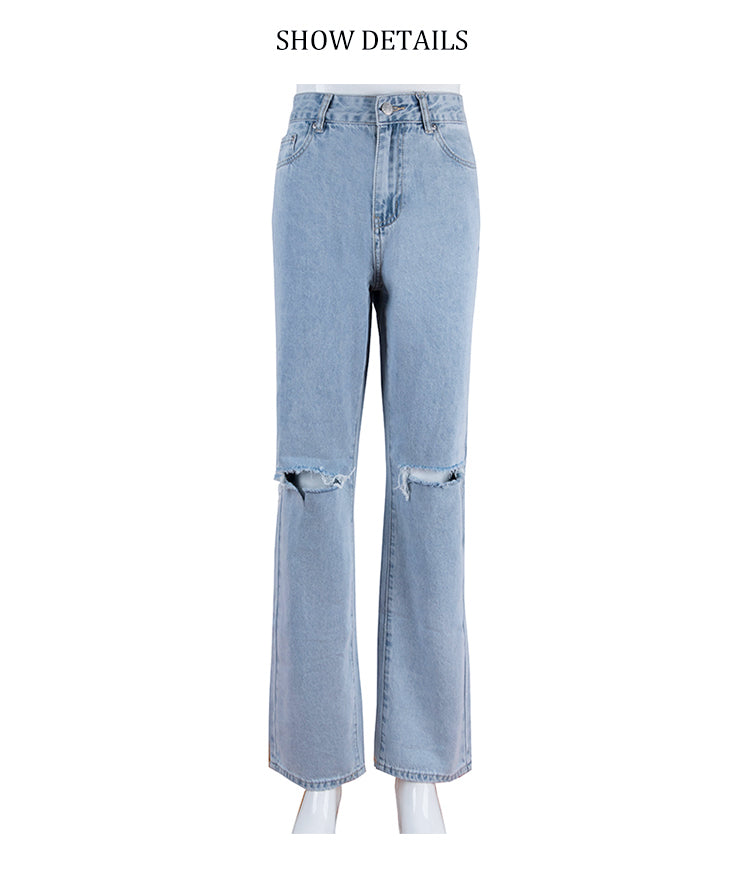 Womens Loose Fit Jeans Ripped Wide Leg For Women High Waist Blue Wash Casual Cotton Denim Trousers Summer Baggy Jean Pants