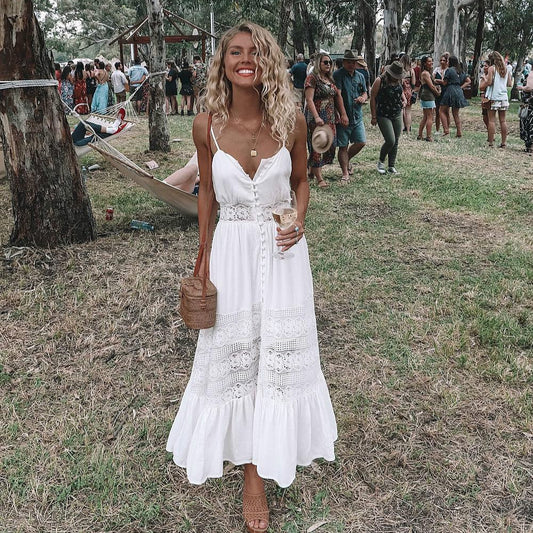 Fashion Boho Long Maxi Dress Women Summer Ladies Sleeveless White Beach Dress