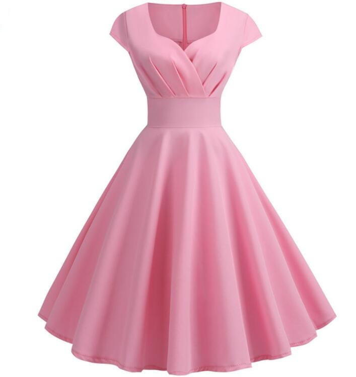 Pink Summer Dress Women V Neck Big Swing Vintage Dress Robe Femme Elegant Retro pin up Party Office Midi Dresses Plus Size