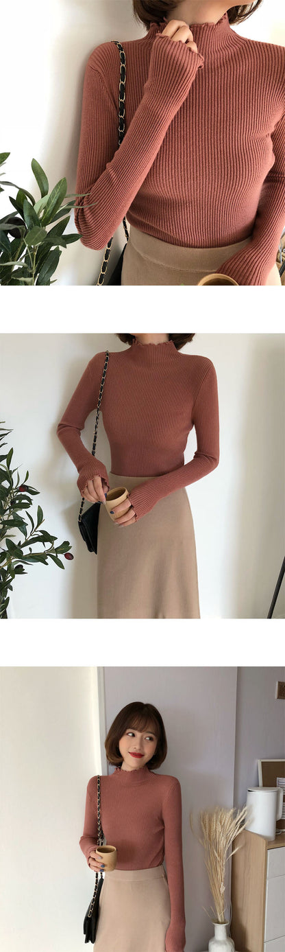 Sixsr Turtleneck Ruched Women Sweater High Elastic Solid Fall Winter Fashion Sweater Women Slim Sexy Knitted Pullovers Pink White