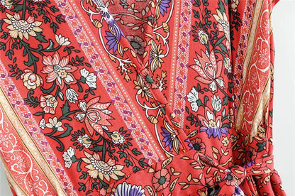 Sixsr Vintage chic vestidos women Floral print bat sleeve beach long Bohemian maxi dress Ladies sexy V neck  Summer Boho happie  dress
