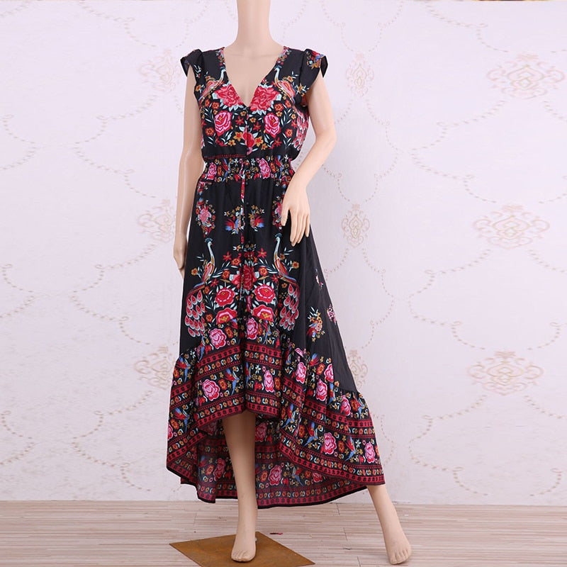 New Women Summer Boho Beach Maxi Dress Sexy V Neck Vintage Print Long Dresses Casual Sundress Dress