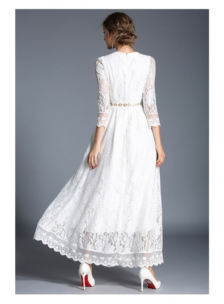 Sixsr  Fashion Trends High-end Hollow Out White Lace Dress Women Maxi Dress Robe Femme Ete Autumn Long Party Dresses Vestido Longo