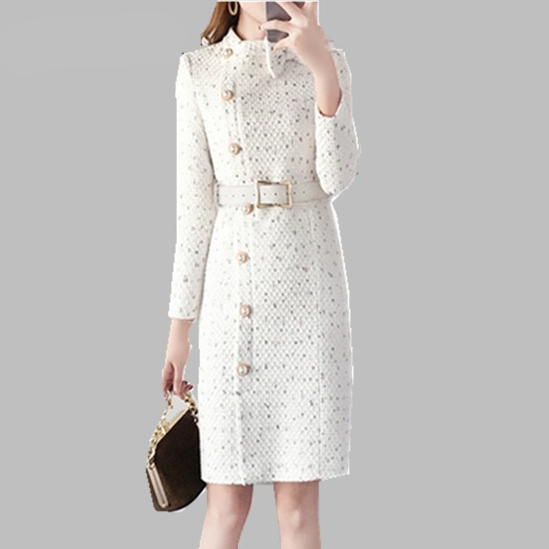 Sixsr New Arrival Autumn And Winter Runway Women Elegant Tweed Dress Bow Collar Long Sleeve Female Fashion Chic Vestidos