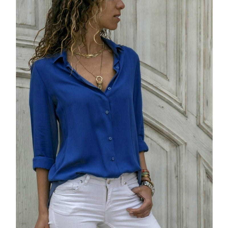 sixsr Elegant Long Sleeve Oversized Solid V-Neck Chiffon Blouse Summer Women Tops Female Office Shirts Casual Regular