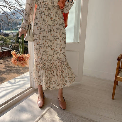 Fashion Trends Elegant Ruched Floral Print Women Autumn Dress Sexy V-neck Full Sleeve Female Long Dresses Spring Chiffon Vestidos