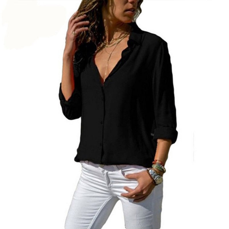 sixsr Elegant Long Sleeve Oversized Solid V-Neck Chiffon Blouse Summer Women Tops Female Office Shirts Casual Regular