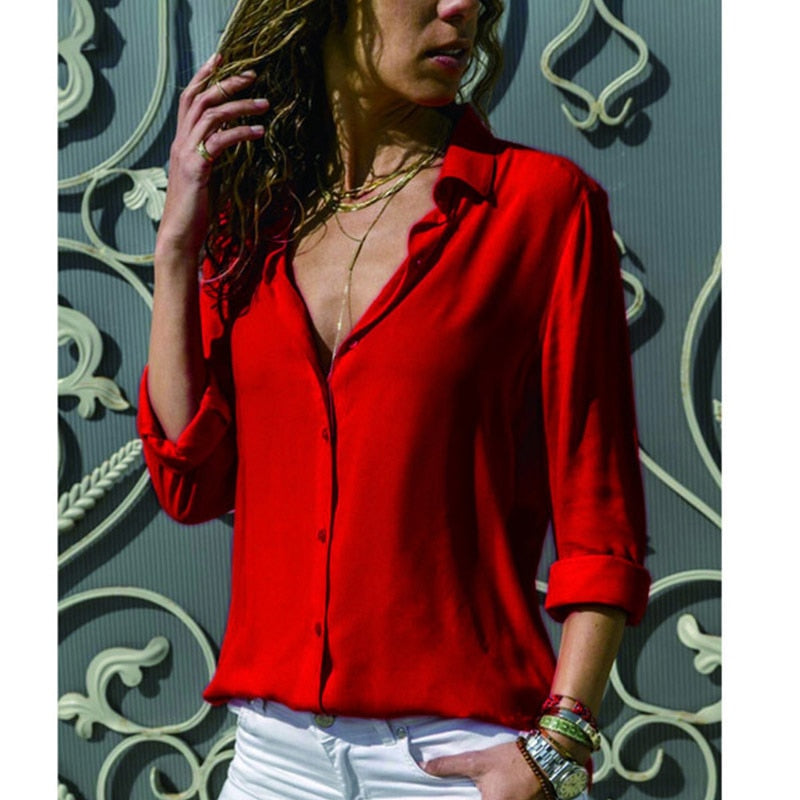 sixsr Elegant Long Sleeve Oversized Solid V-Neck Chiffon Blouse Summer Women Tops Female Office Shirts Casual Regular