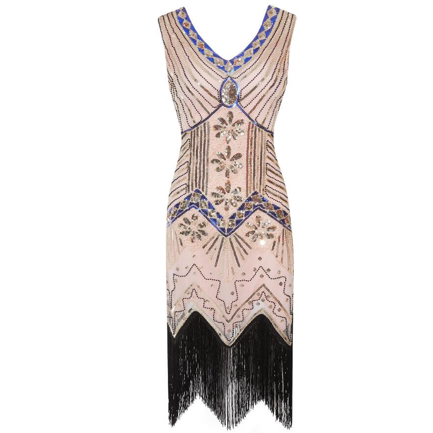 1920s Vintage Flapper Great Gatsby Party Dress V-Neck Sleeveless Sequin Beaded style Style Tassel Flapper Vestidos Feminina 1920