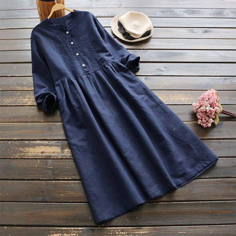 Autumn Embroidery Long Shirt Dress Vintage Women Casual Cotton Vestidos Women Long Sleeve Sundress Kaftan