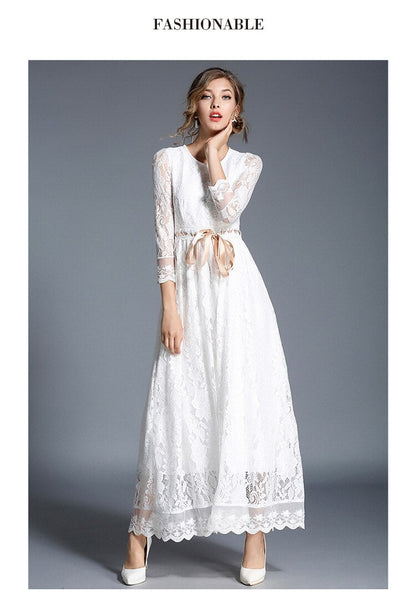 Sixsr  Fashion Trends High-end Hollow Out White Lace Dress Women Maxi Dress Robe Femme Ete Autumn Long Party Dresses Vestido Longo