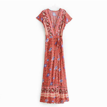 Sixsr Vintage chic vestidos women Floral print bat sleeve beach long Bohemian maxi dress Ladies sexy V neck  Summer Boho happie  dress
