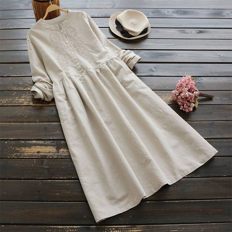 Autumn Embroidery Long Shirt Dress Vintage Women Casual Cotton Vestidos Women Long Sleeve Sundress Kaftan