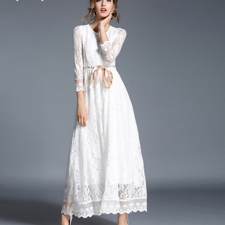 Sixsr  Fashion Trends High-end Hollow Out White Lace Dress Women Maxi Dress Robe Femme Ete Autumn Long Party Dresses Vestido Longo