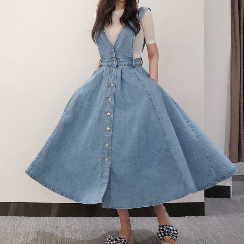 Sixsr New Denim Dress Women Fashion Solid V Neck Sleeveless Backless With Button Pocket Mid Calf Cotton Strap Dress Office Lady