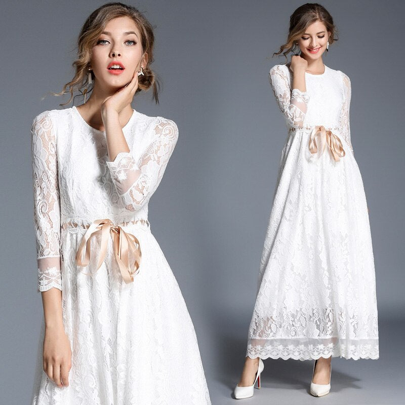 Sixsr  Fashion Trends High-end Hollow Out White Lace Dress Women Maxi Dress Robe Femme Ete Autumn Long Party Dresses Vestido Longo