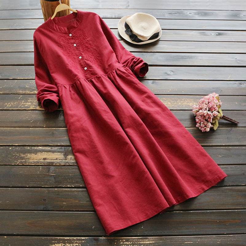 Autumn Embroidery Long Shirt Dress Vintage Women Casual Cotton Vestidos Women Long Sleeve Sundress Kaftan