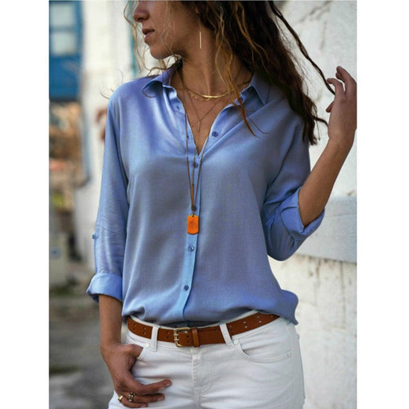 sixsr Elegant Long Sleeve Oversized Solid V-Neck Chiffon Blouse Summer Women Tops Female Office Shirts Casual Regular