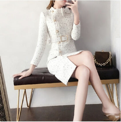 Sixsr New Arrival Autumn And Winter Runway Women Elegant Tweed Dress Bow Collar Long Sleeve Female Fashion Chic Vestidos